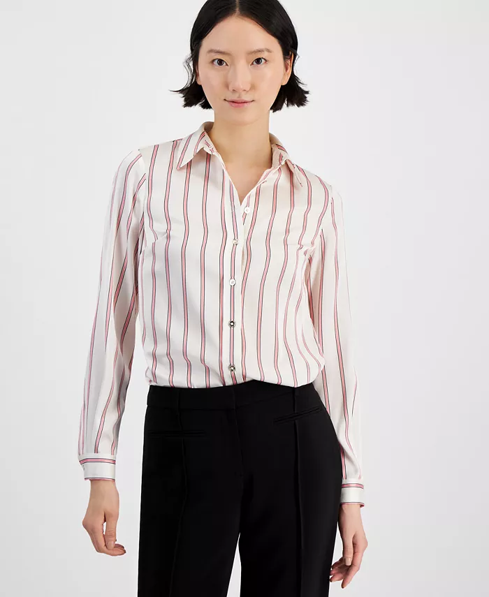 Anne Klein Women's Striped Collared Button-Front Shirt Women's Fashion Shoes & Accessories