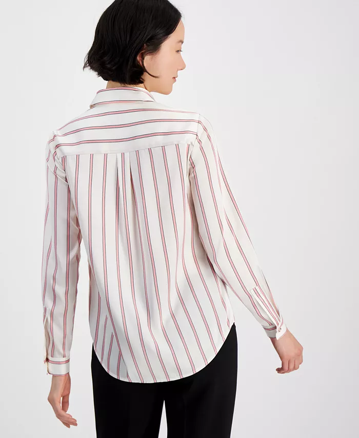 Anne Klein Women's Striped Collared Button-Front Shirt Women's Fashion Shoes & Accessories