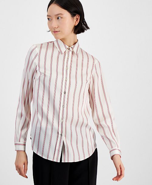 Anne Klein Women's Striped Collared Button-Front Shirt Women's Fashion Shoes & Accessories