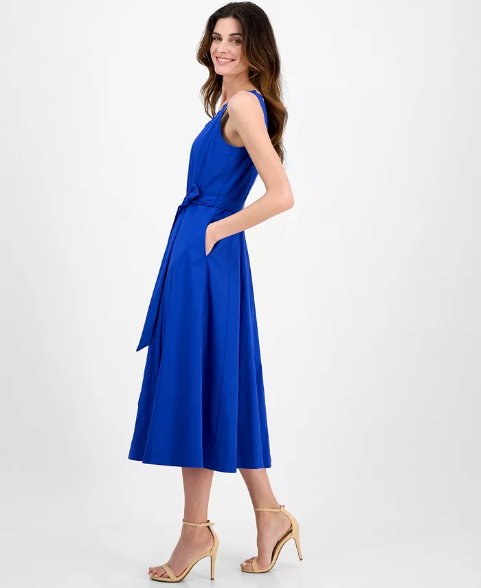 Anne Klein Women's Tie-Waist Seamed Fit & Flare Midi Dress Women's Fashion Shoes & Accessories