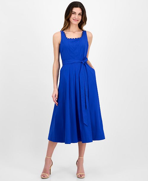Anne Klein Women's Tie-Waist Seamed Fit & Flare Midi Dress Women's Fashion Shoes & Accessories
