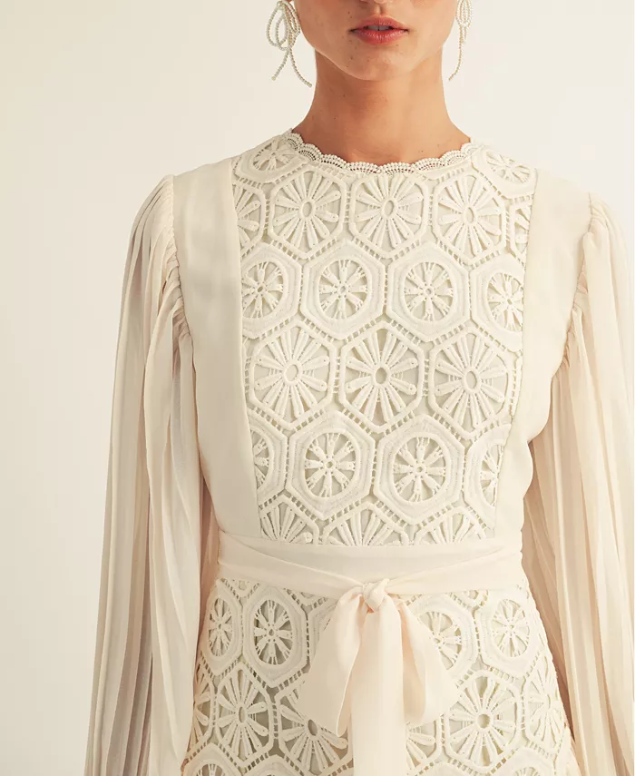 AROSE STUDIO INC Women's Jules Lace-Trim Blouson-Sleeve A-Line Dress Women's Fashion Shoes & Accessories