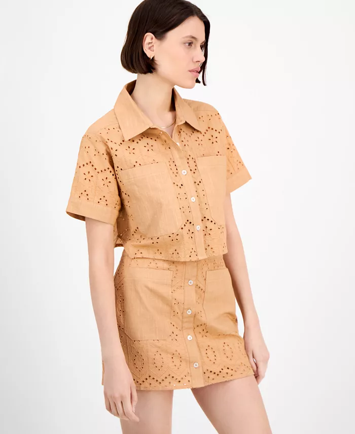 Avec Les Filles Women's Boxy Eyelet Shirt & Eyelet Midi Skirt Women's Fashion Shoes & Accessories