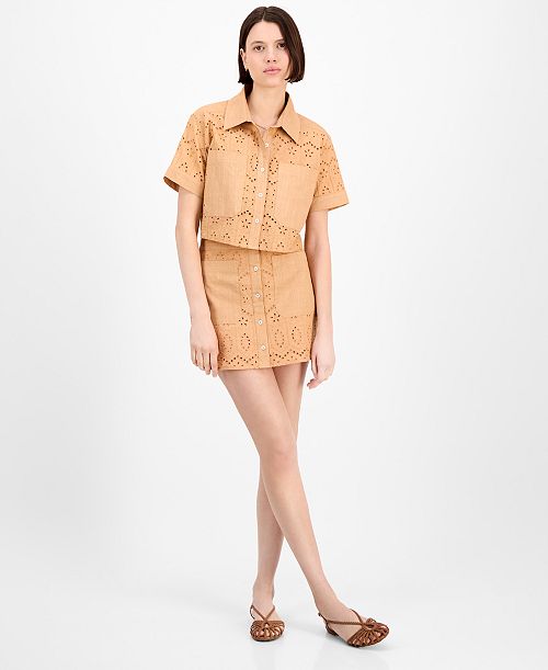 Avec Les Filles Women's Boxy Eyelet Shirt & Eyelet Midi Skirt Women's Fashion Shoes & Accessories