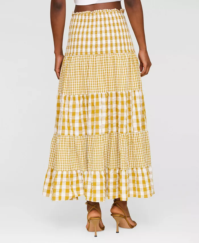 Avec Les Filles Women's Cotton Check Tiered Smocked-Waist Maxi Skirt Women's Fashion Shoes & Accessories