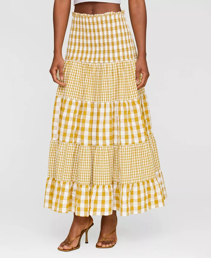 Avec Les Filles Women's Cotton Check Tiered Smocked-Waist Maxi Skirt Women's Fashion Shoes & Accessories