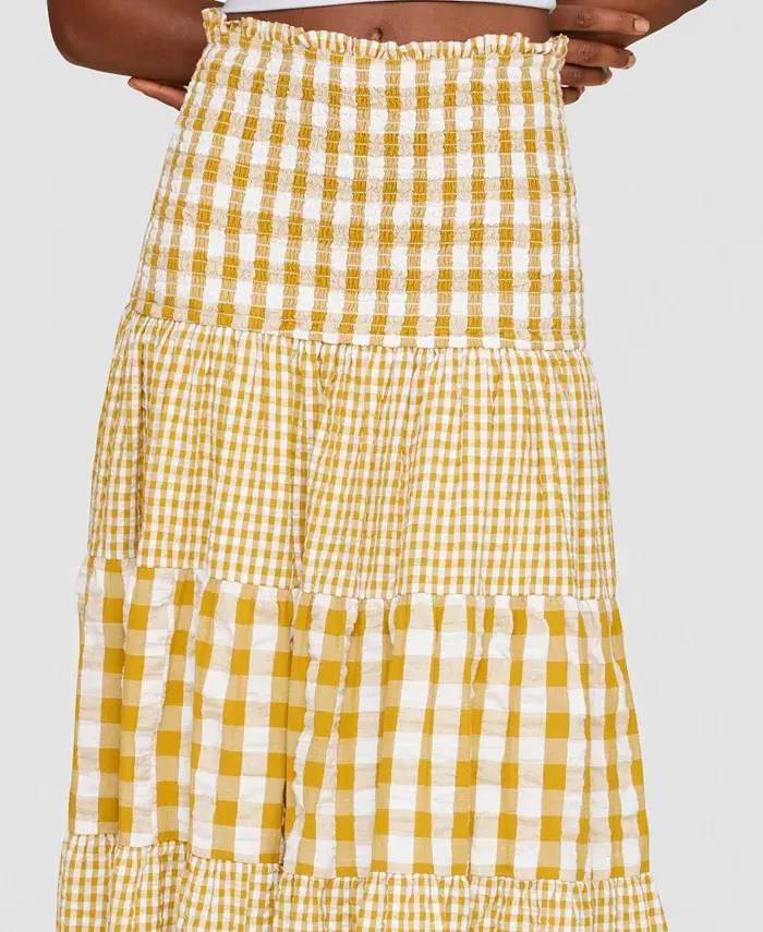 Avec Les Filles Women's Cotton Check Tiered Smocked-Waist Maxi Skirt Women's Fashion Shoes & Accessories