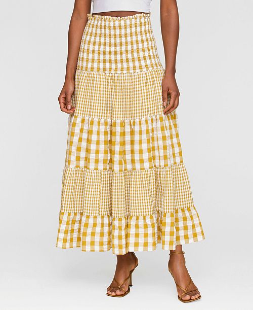 Avec Les Filles Women's Cotton Check Tiered Smocked-Waist Maxi Skirt Women's Fashion Shoes & Accessories