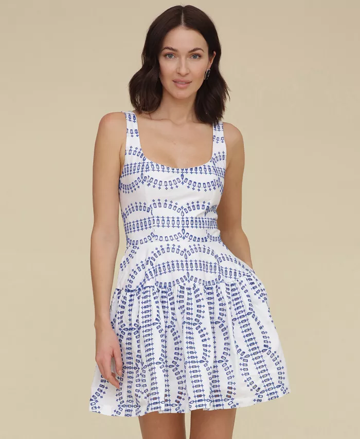 Avec Les Filles Women's Cotton Eyelet-Embroidered Mini Dress Women's Fashion Shoes & Accessories