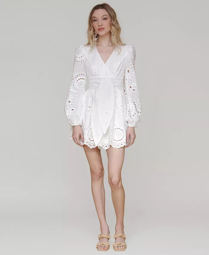 Avec Les Filles Women's Cotton Eyelet Long-Sleeve Romper Women's Fashion Shoes & Accessories