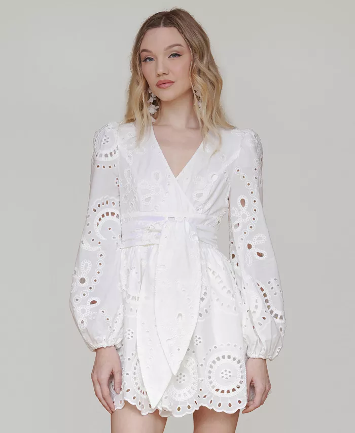 Avec Les Filles Women's Cotton Eyelet Long-Sleeve Romper Women's Fashion Shoes & Accessories