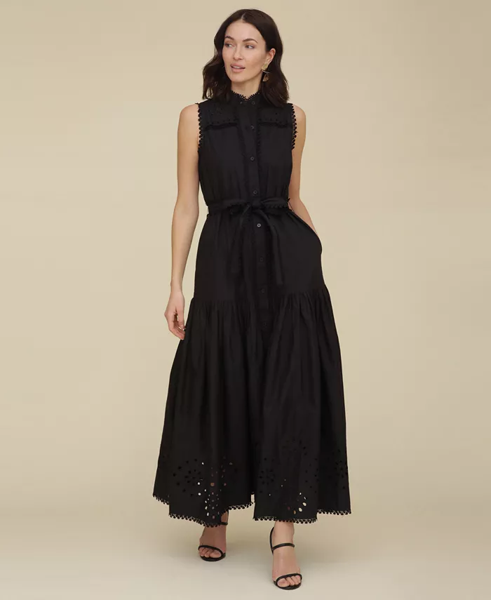 Avec Les Filles Women's Cotton Sleeveless Eyelet Maxi Dress Women's Fashion Shoes & Accessories