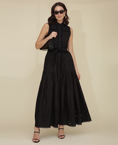 Avec Les Filles Women's Cotton Sleeveless Eyelet Maxi Dress Women's Fashion Shoes & Accessories