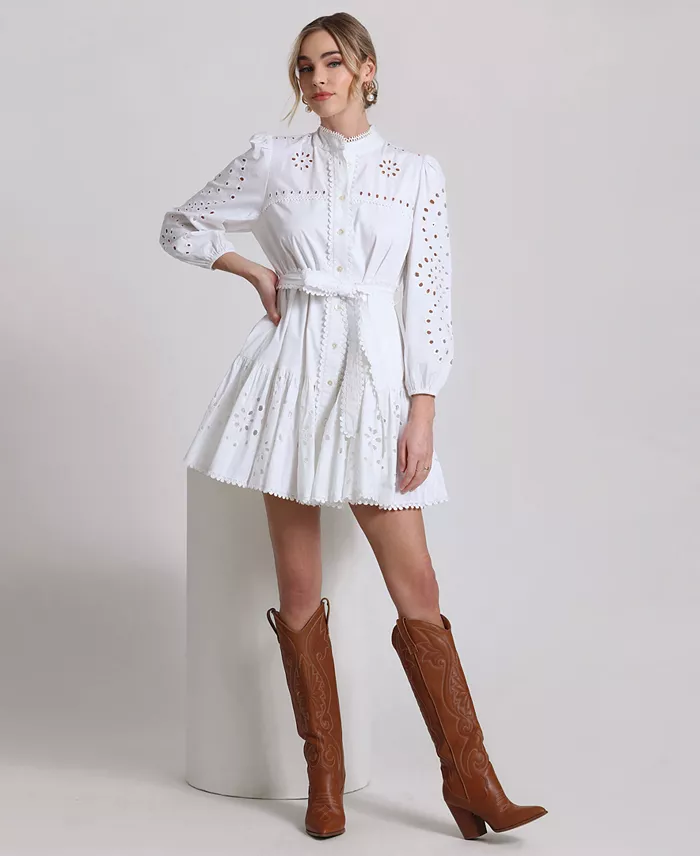 Avec Les Filles Women's Eyelet Cotton Lined Shirt Dress Women's Fashion Shoes & Accessories