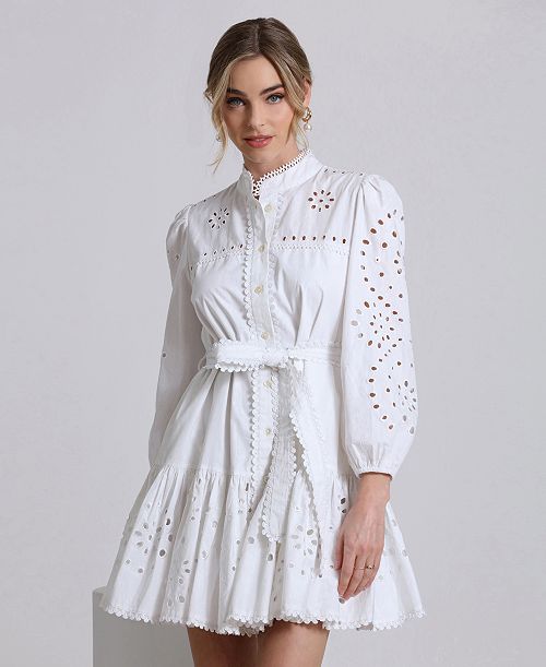 Avec Les Filles Women's Eyelet Cotton Lined Shirt Dress Women's Fashion Shoes & Accessories