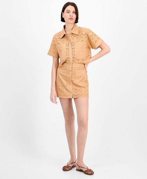 Avec Les Filles Women's Eyelet Midi Skirt Women's Fashion Shoes & Accessories