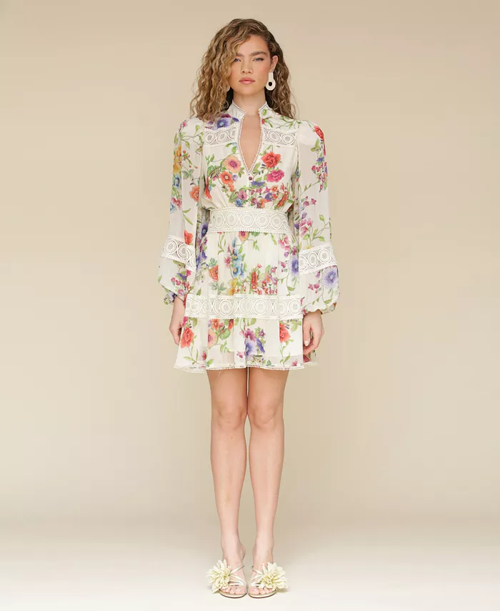 Avec Les Filles Women's Floral Lace-Trim Chiffon Dress Women's Fashion Shoes & Accessories