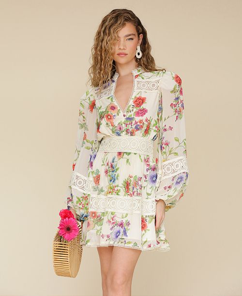 Avec Les Filles Women's Floral Lace-Trim Chiffon Dress Women's Fashion Shoes & Accessories