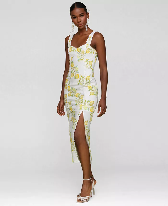 Avec Les Filles Women's Lemon-Print Bodycon Midi Dress Women's Fashion Shoes & Accessories