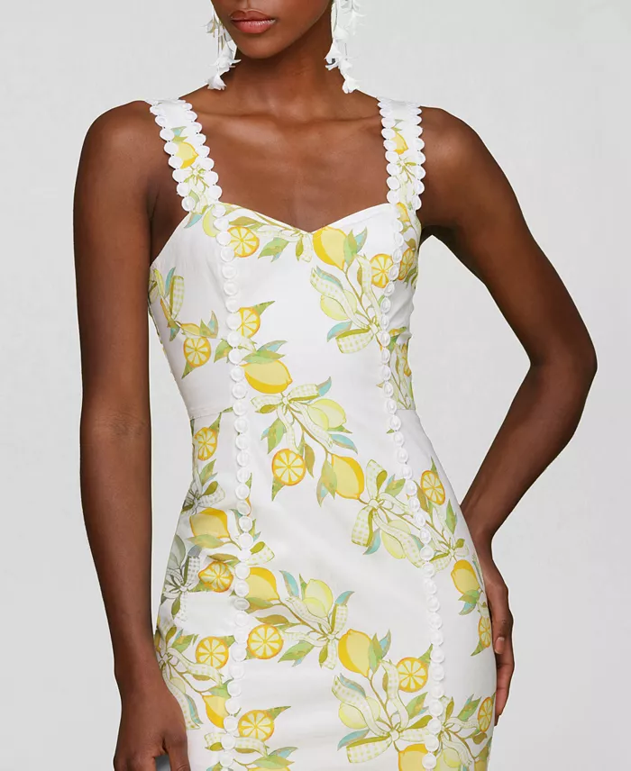 Avec Les Filles Women's Lemon-Print Bodycon Midi Dress Women's Fashion Shoes & Accessories