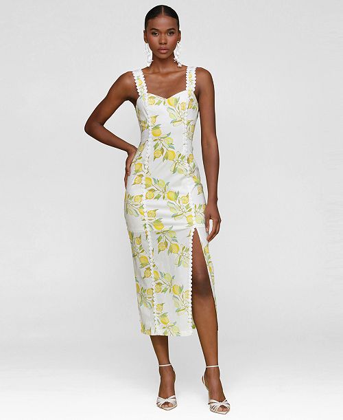 Avec Les Filles Women's Lemon-Print Bodycon Midi Dress Women's Fashion Shoes & Accessories