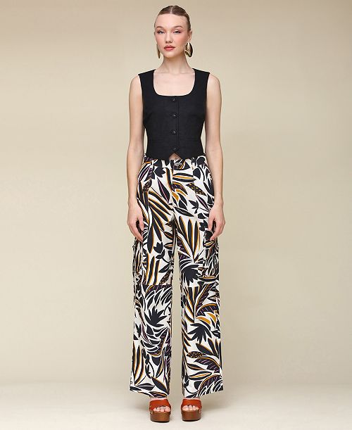 Avec Les Filles Women's Linen-Blend Cropped Vest & Printed Linen-Blend Cargo Pants Women's Fashion Shoes & Accessories