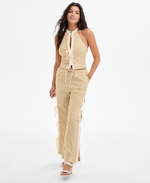 Avec Les Filles Women's Mandarin-Collar Halter Top & Side-Tie Straight-Leg Pants Women's Fashion Shoes & Accessories