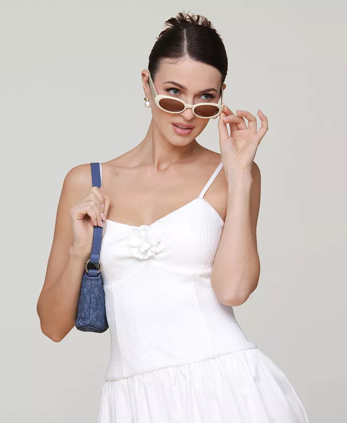 Avec Les Filles Women's Rosette-Trim Drop-Waist Midi Dress Women's Fashion Shoes & Accessories