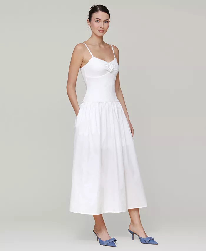 Avec Les Filles Women's Rosette-Trim Drop-Waist Midi Dress Women's Fashion Shoes & Accessories