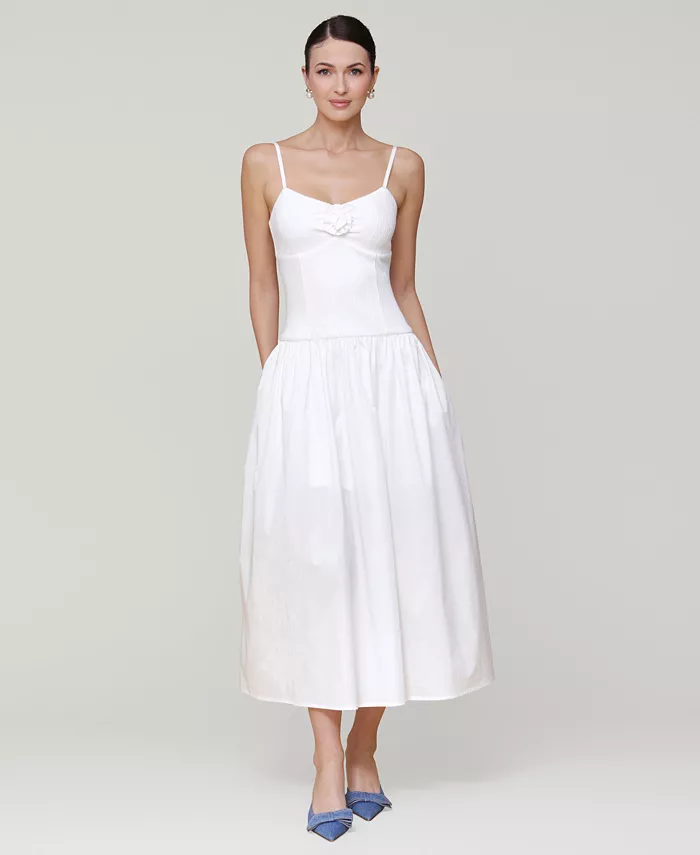 Avec Les Filles Women's Rosette-Trim Drop-Waist Midi Dress Women's Fashion Shoes & Accessories