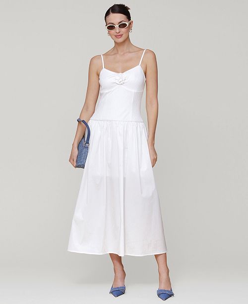 Avec Les Filles Women's Rosette-Trim Drop-Waist Midi Dress Women's Fashion Shoes & Accessories