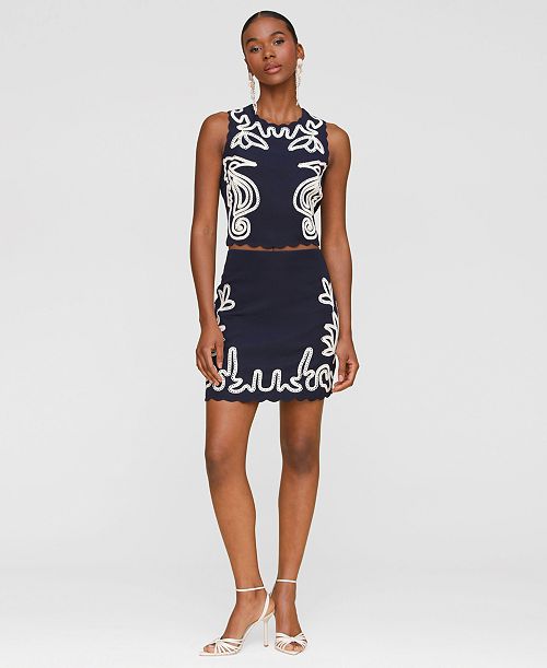 Avec Les Filles Women's Seahorse Embroidery Sleeveless Shell Top & Mini Skirt Women's Fashion Shoes & Accessories