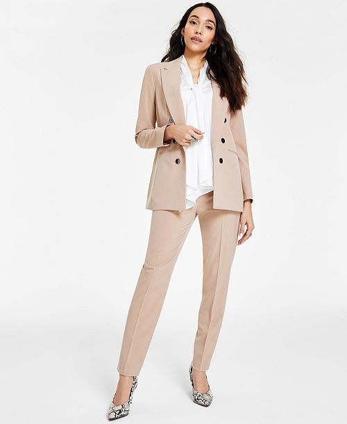 Bar III Women's Faux Double-Breasted Boyfriend Jacket Tie-Neck Sleeveless Satin Blouse & Straight-Leg Dress Pants Created for Macy's Women's Fashion Shoes & Accessories