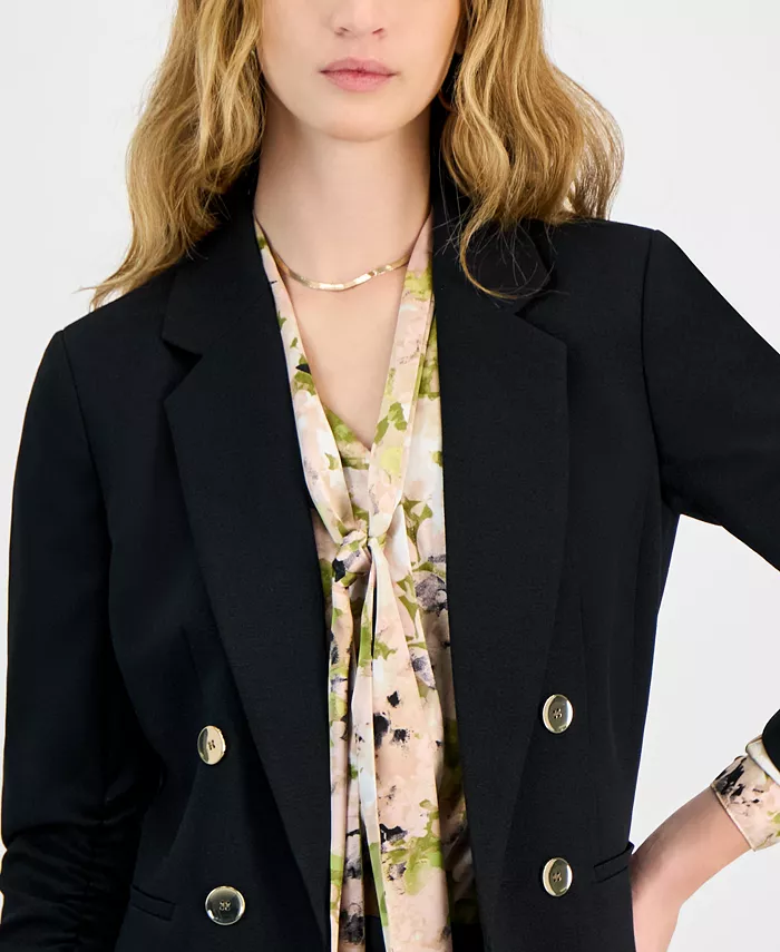 Bar III Women's Faux Double-Breasted Scrunch-Sleeve Blazer Exclusively At Macy's Women's Fashion Shoes & Accessories