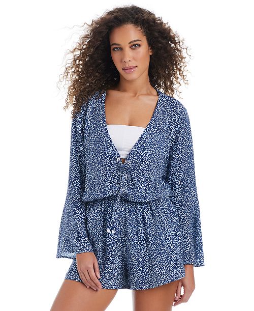 Bar III Women's On The Prowl Long Sleeve Lace-Up Romper Swim Cover-Up Exclusively at Macy's Women's Fashion Shoes & Accessories