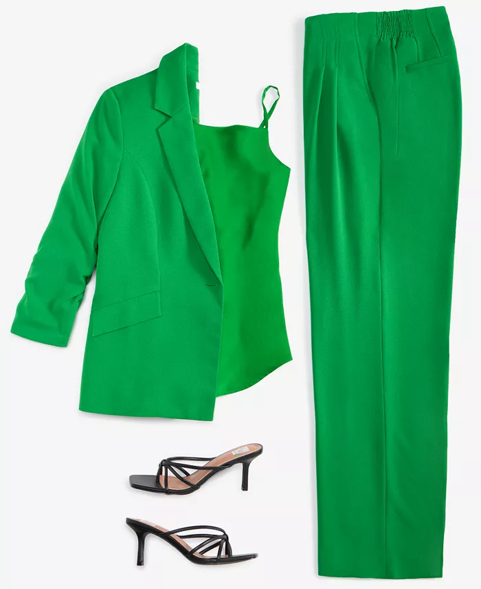 Bar III Women's Ruched-Sleeve Blazer Satin Cowlneck Top & Wide-Leg Pants Exclusively At Macy's Women's Fashion Shoes & Accessories