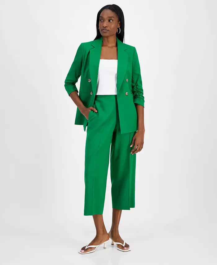 Bar III Women's Ruched-Sleeve Open-Front Linen Blazer Exclusively At Macy's Women's Fashion Shoes & Accessories
