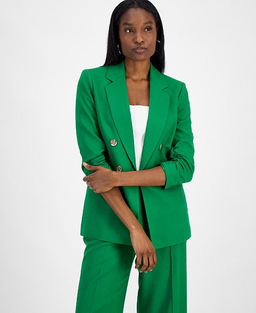 Bar III Women's Ruched-Sleeve Open-Front Linen Blazer Exclusively at Macy's Women's Fashion Shoes & Accessories