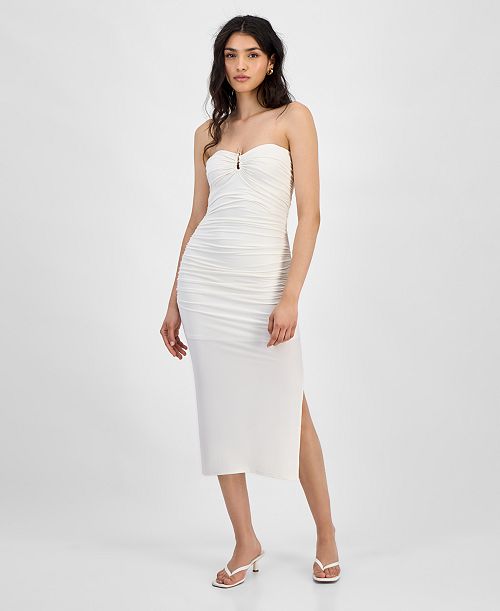 Bar III Women's Strapless Keyhole Ruched Midi Dress Exclusively at Macy's Women's Fashion Shoes & Accessories