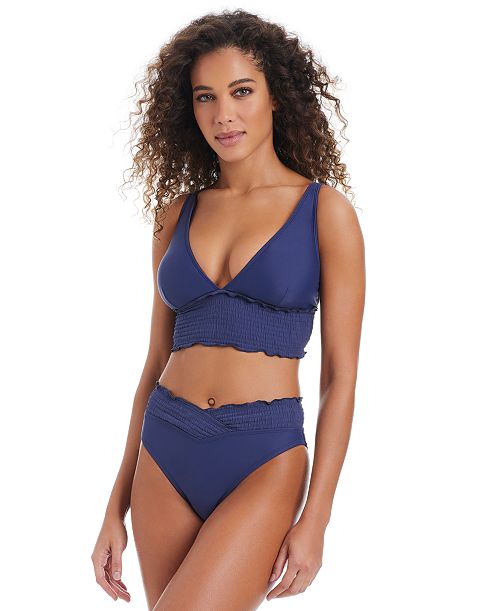 Bar III Women's Wave Solids Longline Bikini Top & Smocked V-Waist High-Leg Bikini Bottoms Exclusively at Macy's Women's Fashion Shoes & Accessories