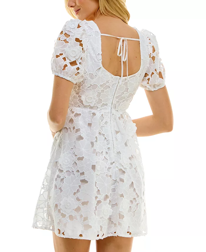 BEAUTY & GRACE Juniors' Embroidered Puff-Sleeve Dress Juniors'