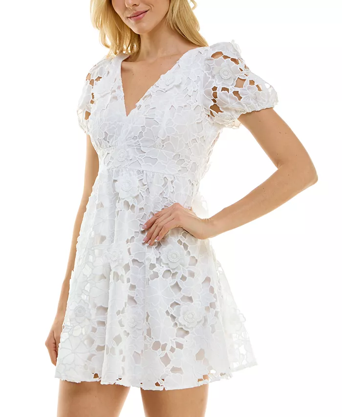 BEAUTY & GRACE Juniors' Embroidered Puff-Sleeve Dress Juniors'