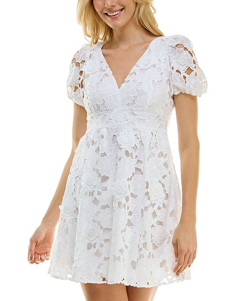 BEAUTY & GRACE Juniors' Embroidered Puff-Sleeve Dress Juniors'