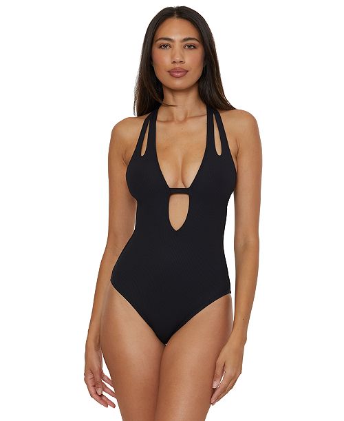 Becca Women's Modern Edge Textured Plunging-Neck Swimsuit Women's Fashion Shoes & Accessories