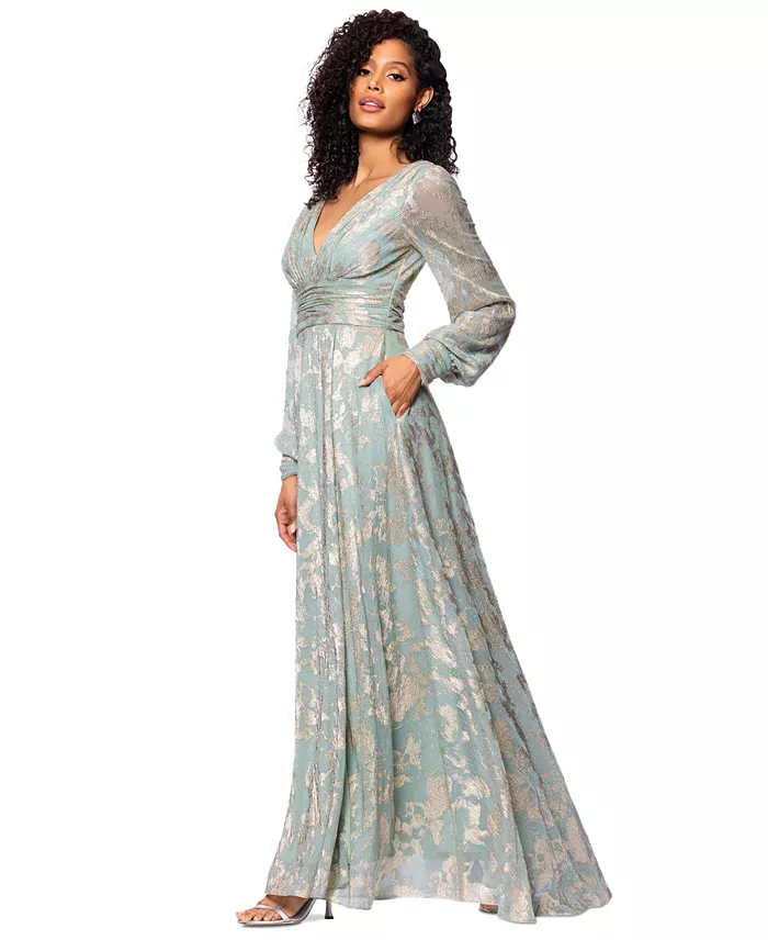Betsy & Adam Women's Metallic V-Neck Ruched-Waist Gown Women's Fashion Shoes & Accessories