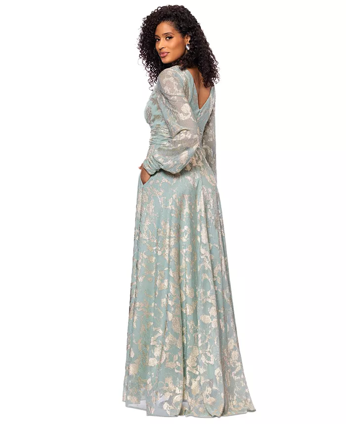 Betsy & Adam Women's Metallic V-Neck Ruched-Waist Gown Women's Fashion Shoes & Accessories