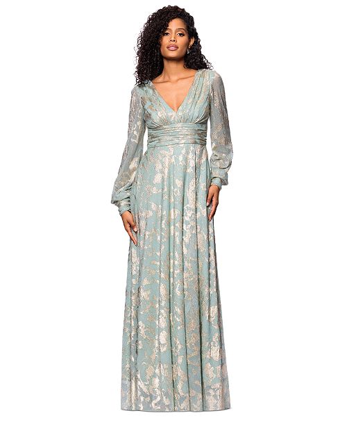 Betsy & Adam Women's Metallic V-Neck Ruched-Waist Gown Women's Fashion Shoes & Accessories