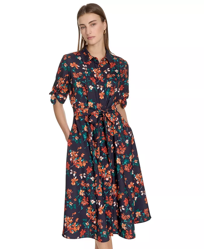 Calvin Klein Petite Short-Sleeve Midi Shirtdress Women's Fashion Shoes & Accessories