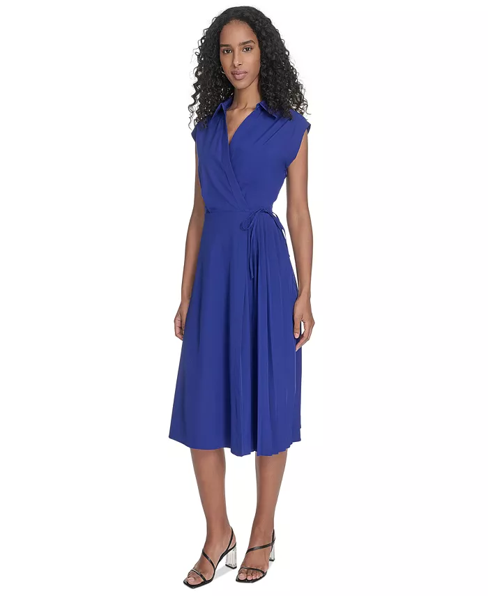 Calvin Klein Petite Surplice-Neck Gauze Midi Dress Women's Fashion Shoes & Accessories