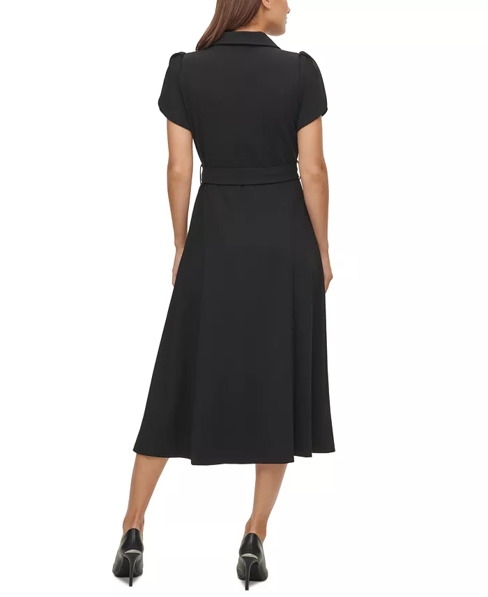 Calvin Klein Puff-Sleeve Belted Midi Dress Women's Fashion Shoes & Accessories